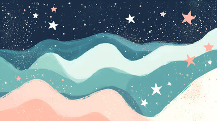 Whimsical Starry Sky Over Soft Pastel Waves,Fantasy Night Scene with Rolling Hills and Floating Stars