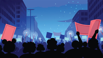 A vibrant nighttime protest; crowds illuminated by neon signs, showcasing powerful expressions of dissent and collective action.