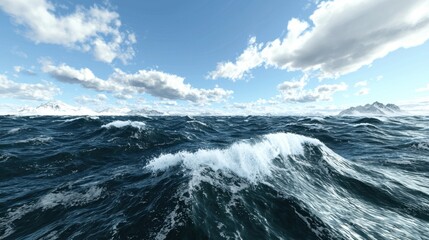 Fototapeta premium A vast ocean scene featuring rolling waves under a bright sky with scattered clouds, creating a serene yet dynamic atmosphere.