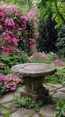Tranquil garden pathway with stone table surrounded by vibrant pink flowers and lush greenery