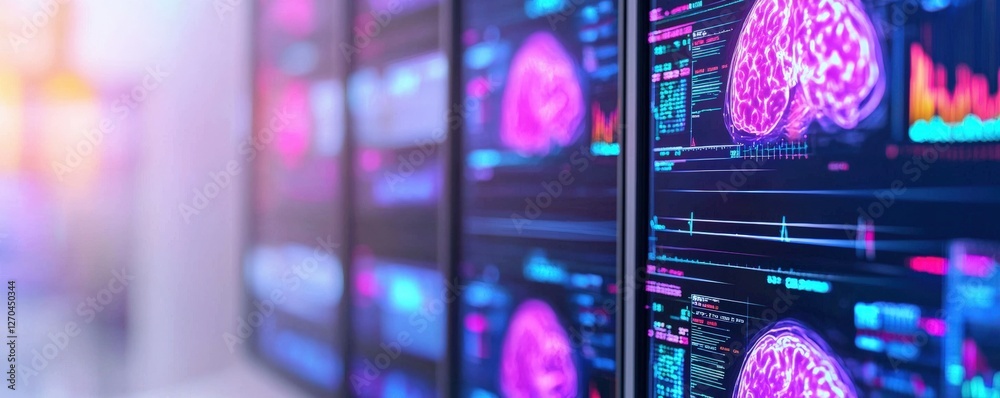 Poster the image displays multiple screens showing vibrant brain scans with data visualizations, highlighti
