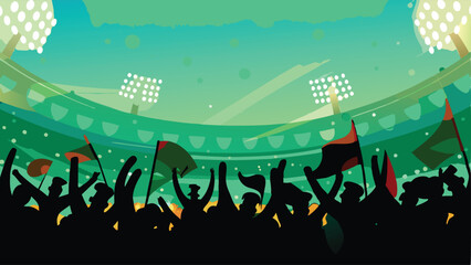 A vibrant, cheering crowd at a stadium waving colorful banners, showcasing joyous celebration and sporting event energy.