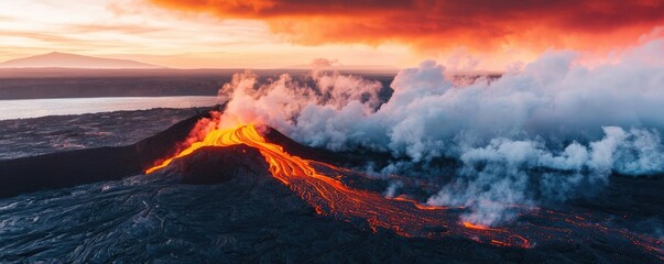 Volcanic landscapes idea. Breathtaking view of an erupting volcano illuminated by a vibrant sunset.