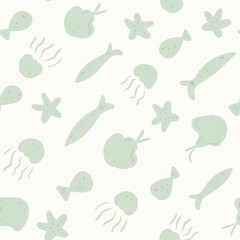 Hand painted underwater sea creatures like starfish, jellyfish, sting rays going diagonally in mint green on off white background. Minimal sea life seamless vector pattern.Great for homedecor, fabric.