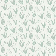 Simple scattered underwater weeds swaying with waves in a color palette of mint green on off white background. Minimal sea life seamless vector pattern. Great for home decor, fabric, wallpaper, gifts.