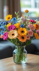 Colorful bouquet of fresh flowers in a glass vase on a wooden table in a bright living room