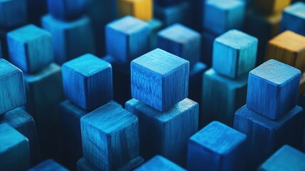 Sustainable Businesses A symphony of blue, where vibrant wooden blocks, each a symbol of individuality, were meticulously connected by invisible strings, representing the collaborative spirit of