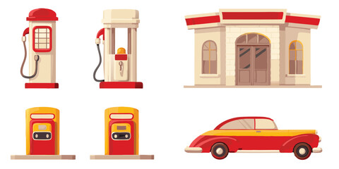 Whimsical Cartoon Gas Station Set: Retro Fuel Pumps, Nozzles, and Roadside Petroleum Service Vector Art