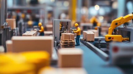 Miniature Workers in Factory with Conveyors and Boxes in Action