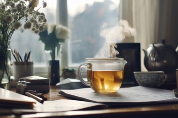 Warm Cup of Tea Brews on Wooden Desk with Cozy Atmosphere