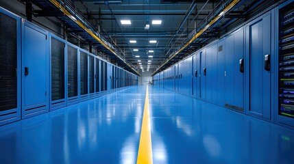 Long Blue Corridor in a Modern Data Center with Rows of Servers and Yellow Stripe on Floor