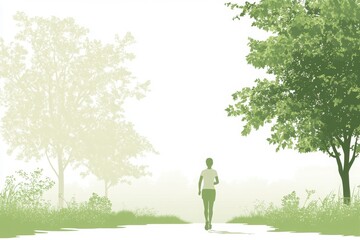 A serene scene of a person walking along a path surrounded by trees, engulfed in soft green hues and mist, evoking tranquility and nature's beauty.