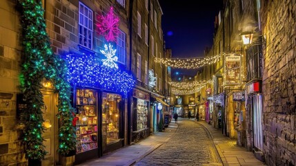 Naklejka premium Enchanting Christmas Night in Scotland's Historic Street