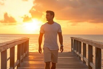 Man Walking on Wooden Pier at Sunset by Calm Ocean Waters