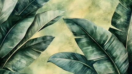 Lush Tropical Leaf Watercolor on Vintage-Textured Paper with Rich Green Hues