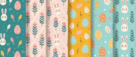 Vibrant Easter Collage Patterns Featuring Rabbits, Eggs, and Flowers in Bright and Soft Colors. A set of four vibrant Easter seamless patterns featuring rabbits and eggs.
