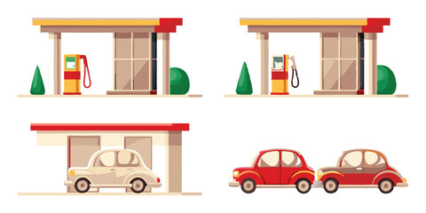 Whimsical Cartoon Gas Station Set: Retro Fuel Pumps, Nozzles, and Roadside Petroleum Service Vector Art