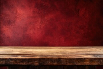 Rustic wooden table against red textured wall background