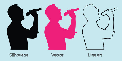 silhouette of man singer with microphone hand drawing line art vector illustration