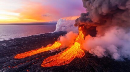 Volcanic landscapes idea. A stunning aerial view of a volcanic eruption under a colorful sunset sky.