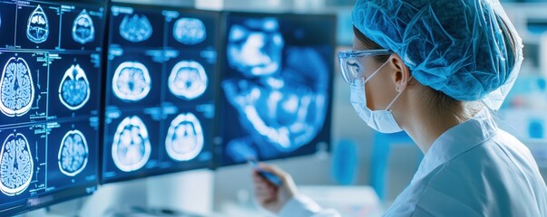 A healthcare professional analyzes brain scans on multiple screens, wearing protective gear in a modern medical environment.