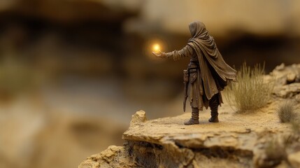 Fototapeta premium Mysterious Figure Casting Magic on Desert Edge at Dusk