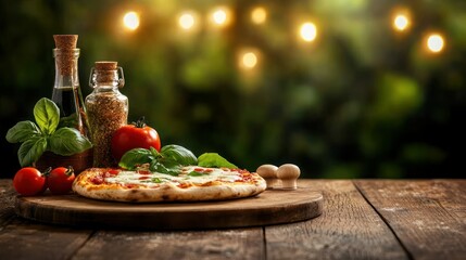 Outdoor pizza on rustic wooden table with herbs and sauces, blurred garden background
