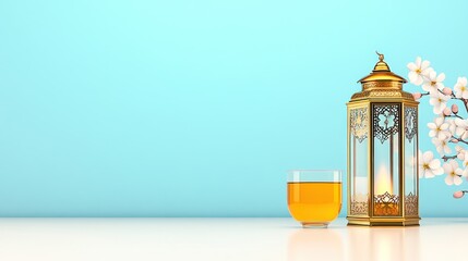 Islamic lantern, flower, and tea on white background - Ramadan Kareem concept