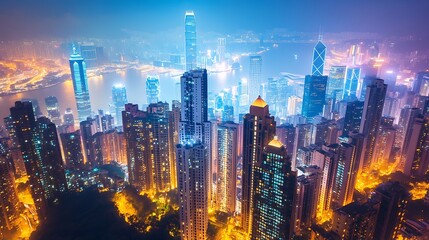 Obraz premium Hong Kong Cityscape Night Lights Illuminating Skyscrapers