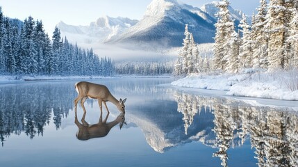 a beautiful in the water  snow deer in the mountains on the whit background
