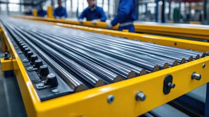 Factory conveyor belt transporting metal rods; workers assembling