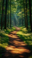 Obraz premium Sunbeams illuminating path through green forest in summer