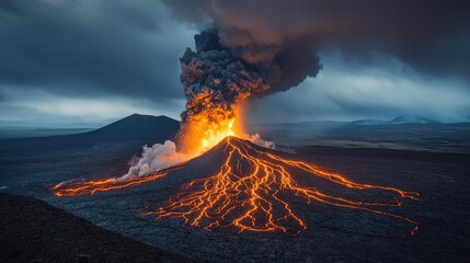 Volcanic landscapes concept. Majestic volcano erupting with lava flow and ash clouds under dramatic skies.