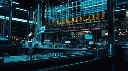 Obraz premium Futuristic Bar Interior: Neon Lights and Glassware
