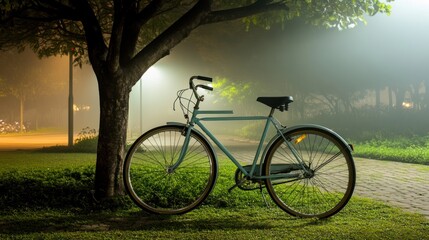 Fototapeta premium Nightfall Serenity: A Pale Blue Bicycle Rests Under the Mist-Shrouded Trees