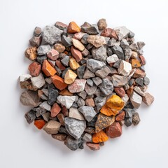 Obraz premium Engineering concepts of construction sites. A Diverse Collection of Colorful Natural Stones and Pebbles on a White Background