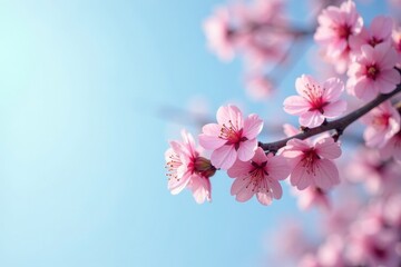 Delicate pink cherry blossoms on a graceful tree branch against a soft blue sky , bloom, soft