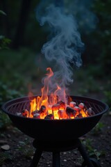 Empty charcoal grill with bright orange flames, ready for cooking, flames, iron, delicious