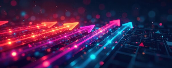 Obraz premium Geometric tech backdrop featuring multicolored arrows , motion, concept