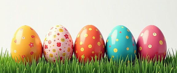Fototapeta premium Five Colorful Patterned Easter Eggs in Green Grass with White Background