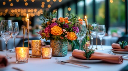 Elegant floral centerpiece on a banquet table with candles in a modern conservatory