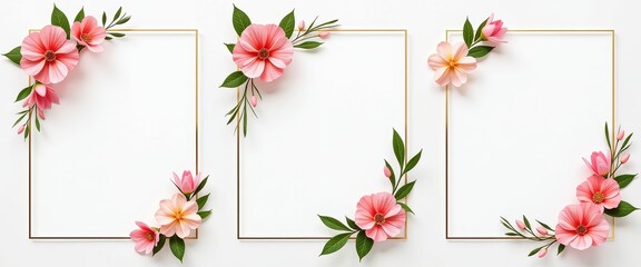 Set of 3 Gold Frame Mockups with Pink Flowers and Green Leaves