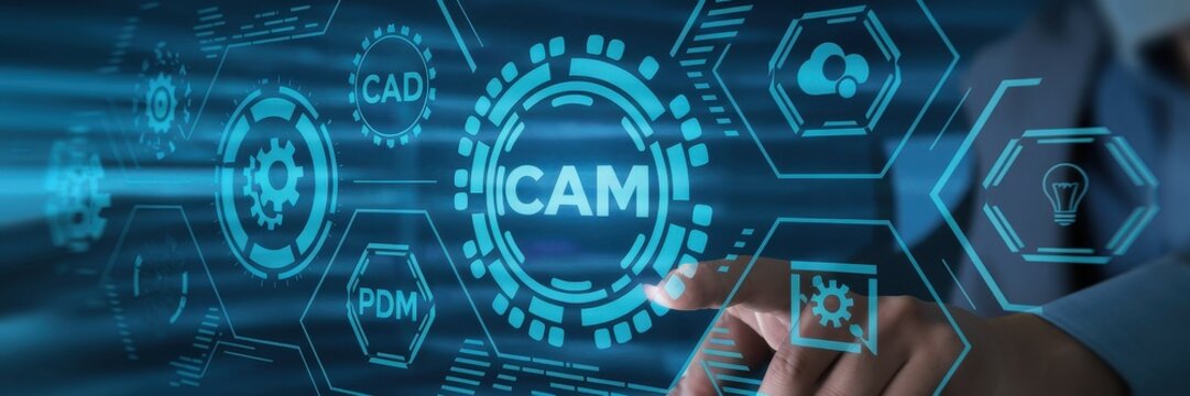 Finger touching the screen displaying the word ICAM surrounded by icons