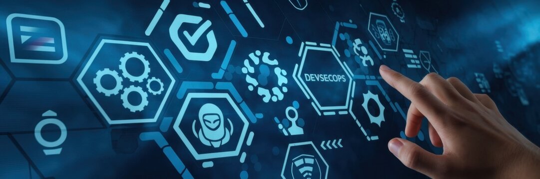 Hand interacting with devsecops interface and technological digital network