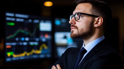 Fototapeta premium Contemplative financial analyst interpreting complex market data trends