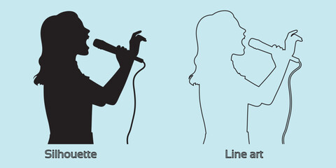 silhouette of woman singer with microphone hand drawing line art vector illustration