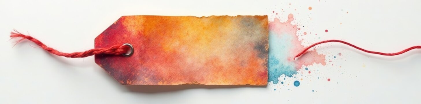 Recycled paper tag, crimson thread, multicolored splash, rustic, handmade, detail