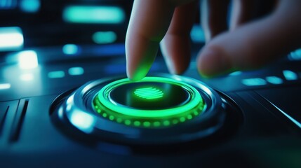 Sustainable Businesses A pulsating neon green button, the heart of a futuristic device, is pressed by an unseen electronic hand, hinting at a technological revolution.