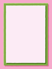 Vertical frame pink with green. Glued sheets of paper with frayed edges for a postcard and a poster. Scrapbooking. Vector illustration. Empty poster with space for text and illustration. Template.