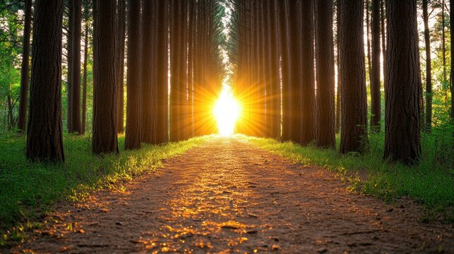 Sunlight path through forest, golden hour